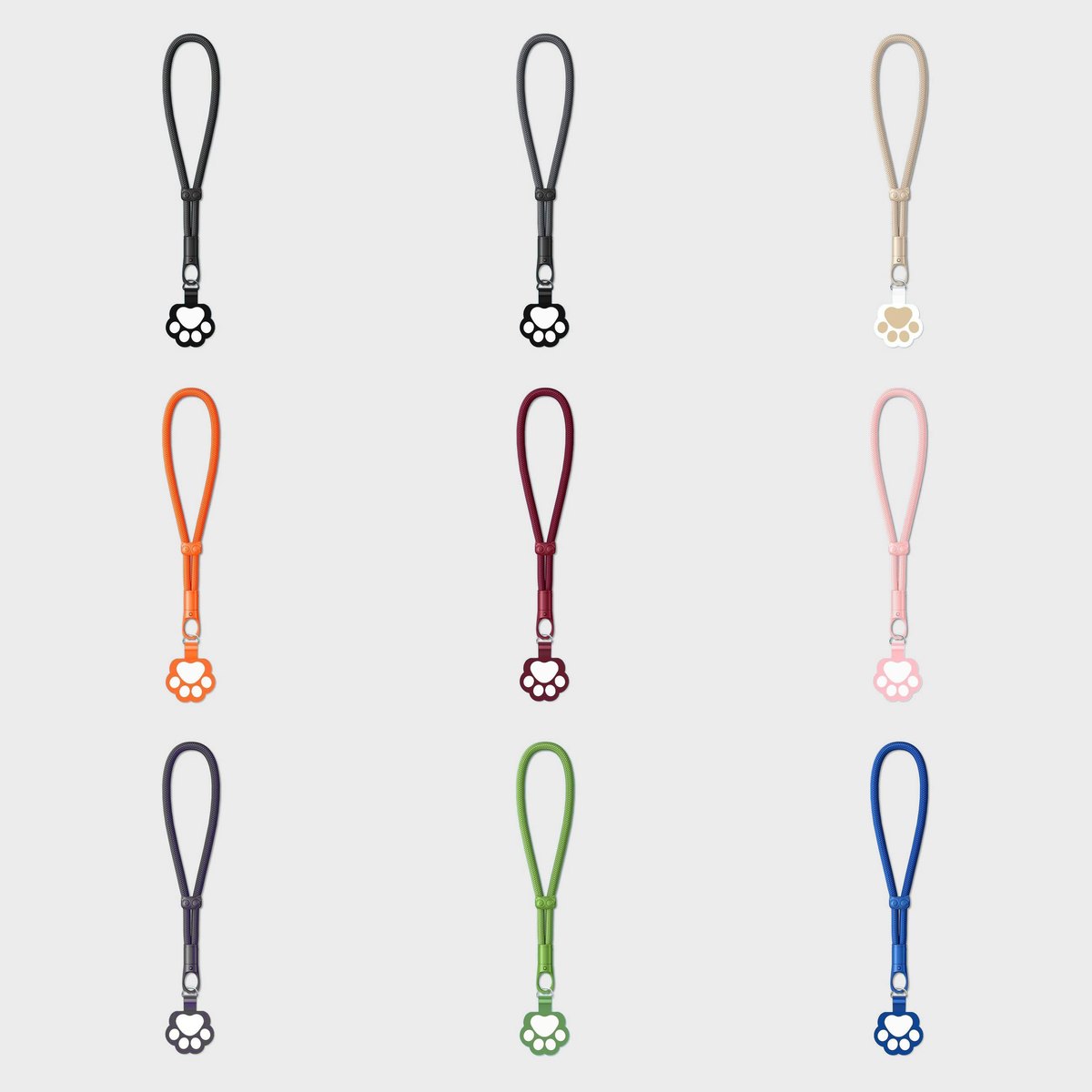 Nine Y303 braided wrist strap colourways with paw clips shown side by side